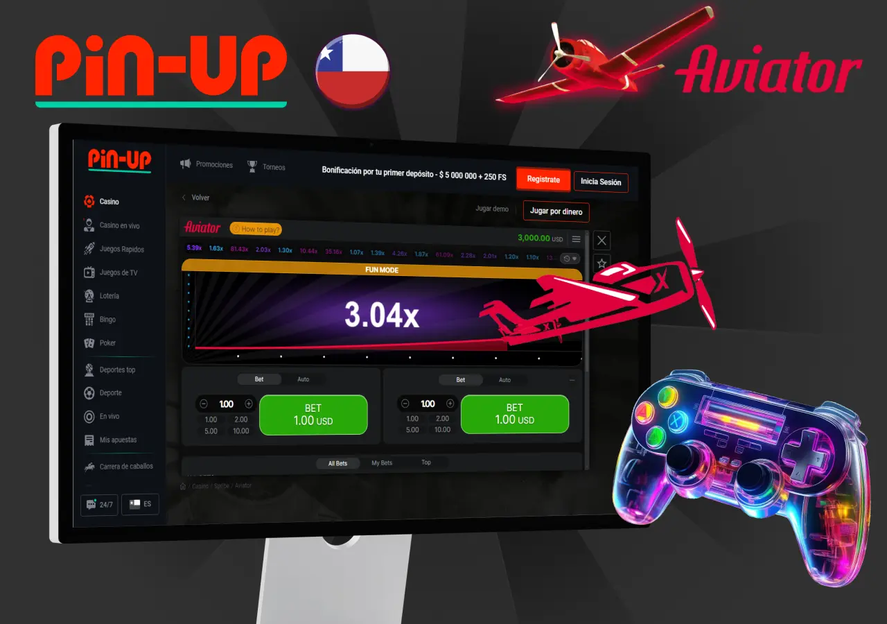 Pantalla de apuestas de Aviator en Pin-Up Chile con multiplicador 3.04x y control de juego
