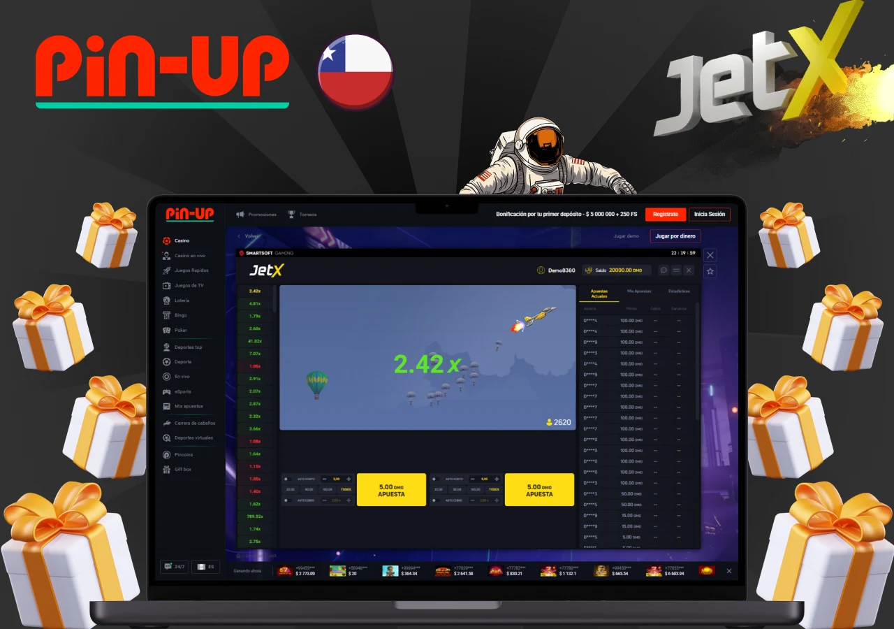 Juego JetX en el casino Pin-Up Chile con bonificación de bienvenida de $5,000,000 y 250 giros gratis